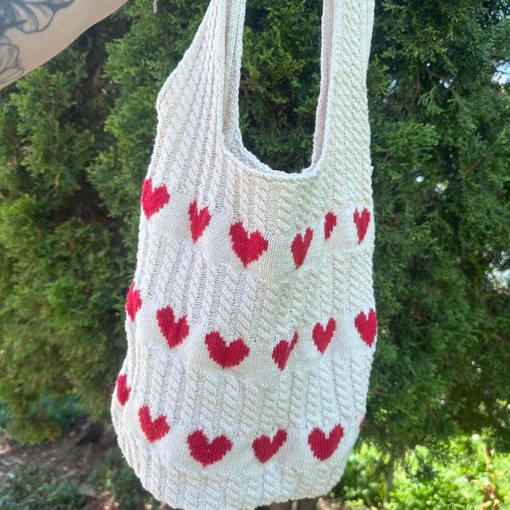 Knitted Hearts White Tote